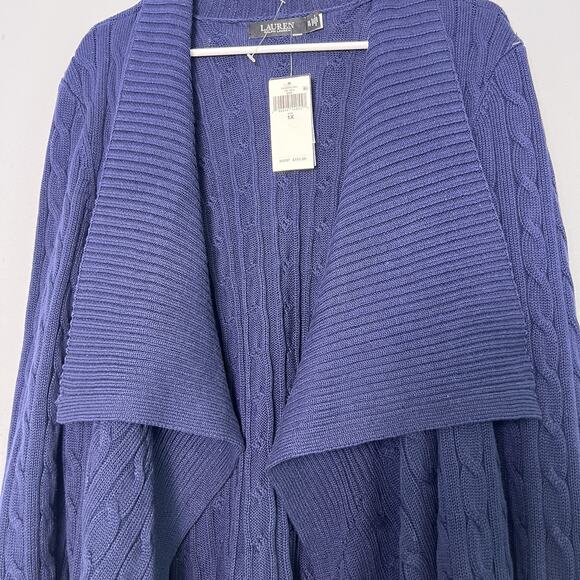 NWT LRL Linen Cotton Cable Knit Cardigan Open Front Plus Sz 1X Navy Blue - Picture 4 of 16